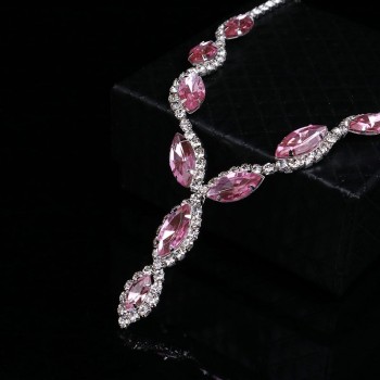 Fashion Leaf Tassel Wedding Jewelry Sets Charm Pink Crystal Choker Necklace Earrings Set Bridal Jewelry Sets Women Accessories