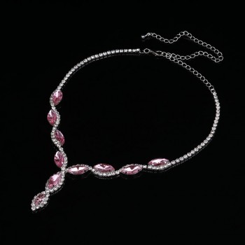 Fashion Leaf Tassel Wedding Jewelry Sets Charm Pink Crystal Choker Necklace Earrings Set Bridal Jewelry Sets Women Accessories