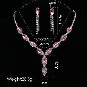 Fashion Leaf Tassel Wedding Jewelry Sets Charm Pink Crystal Choker Necklace Earrings Set Bridal Jewelry Sets Women Accessories