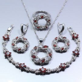 MANNY Women Jewelry Set 925 Sterling Silver Four Piece Round Red Rhodolite Ring Size 6/7/8/9/10 Bracelet 18CM Free Gift Z98