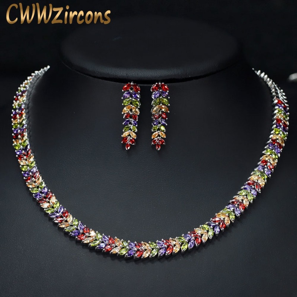 CWWZircons Marquise Cut Colorful Cubic Zirconia Stones Bridal Round Choker Necklace Earring Set For Women Wedding Jewelry T074