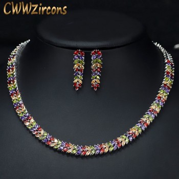 CWWZircons Marquise Cut Colorful Cubic Zirconia Stones Bridal Round Choker Necklace Earring Set For Women Wedding Jewelry T074