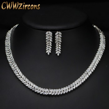 CWWZircons Marquise Cut Colorful Cubic Zirconia Stones Bridal Round Choker Necklace Earring Set For Women Wedding Jewelry T074
