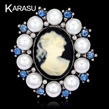 Water Drop Vintage Gothic Style Head Statue Cameo Brooch SImulated-Pearl Rhinestone Enamel Brooch for Women Brooches Pin Jewelry