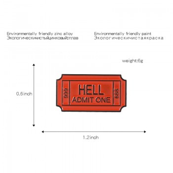 Hell Admit One ticket 666 Red Orange Enamel Brooches Badges Lapel pins Brooches for women Female jewelry Accessories