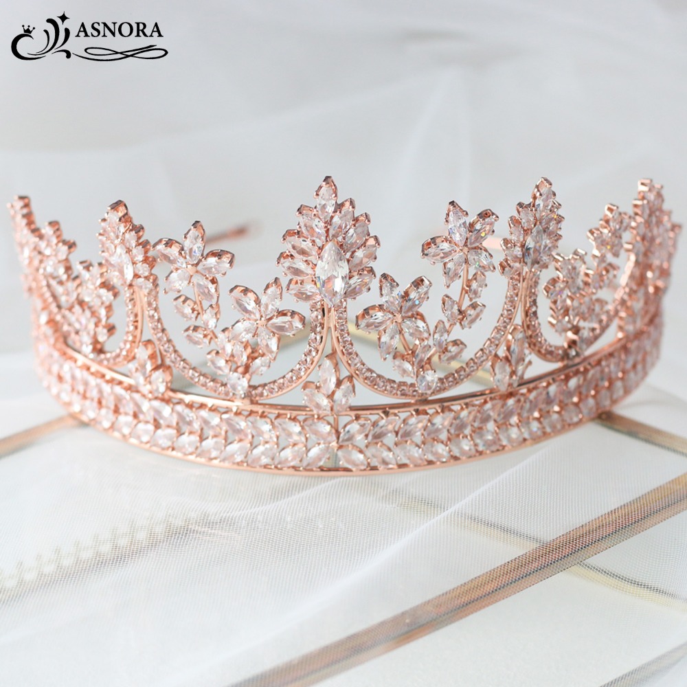 ASNORA Fashionable Tiaras for Brides Bridal Crowns Wedding Tiaras Rose Gold Wedding Hair Jewelry Zircon Crystals Tiara 2019