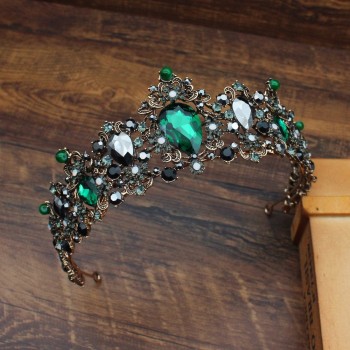 Green Crystal Vintage Gold Queen Crown Bridal Tiara Head Jewelry Wedding Bride Women Prom Decorations Hair Jewelry Accessories
