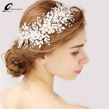 QUEENCO Silver Floral Bridal Headpiece Tiara Wedding Hair Accessories Hair Vine Handmade Headband Hair Jewelry For Bride