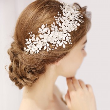 QUEENCO Silver Floral Bridal Headpiece Tiara Wedding Hair Accessories Hair Vine Handmade Headband Hair Jewelry For Bride