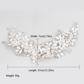 QUEENCO Silver Floral Bridal Headpiece Tiara Wedding Hair Accessories Hair Vine Handmade Headband Hair Jewelry For Bride