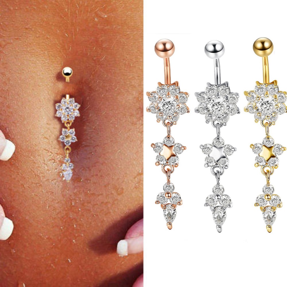 Sexy Dangle Belly Bars Belly Button Rose Gold Rings Belly Piercing CZ Crystal Flower Body Jewelry Navel Piercing Rings Drop