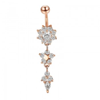 Sexy Dangle Belly Bars Belly Button Rose Gold Rings Belly Piercing CZ Crystal Flower Body Jewelry Navel Piercing Rings Drop