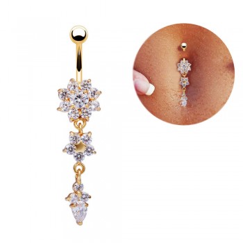 Sexy Dangle Belly Bars Belly Button Rose Gold Rings Belly Piercing CZ Crystal Flower Body Jewelry Navel Piercing Rings Drop
