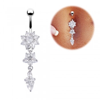 Sexy Dangle Belly Bars Belly Button Rose Gold Rings Belly Piercing CZ Crystal Flower Body Jewelry Navel Piercing Rings Drop
