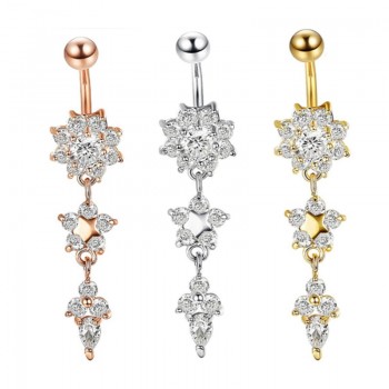 Sexy Dangle Belly Bars Belly Button Rose Gold Rings Belly Piercing CZ Crystal Flower Body Jewelry Navel Piercing Rings Drop