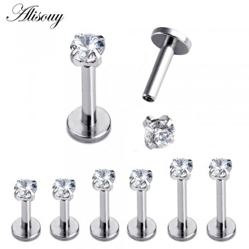 Alisouy 1 Pc Silver Labret Lip Ring Zircon Anodized Internally Threaded Prong Gem 16G Tragus Helix Ear Piercing Earring women