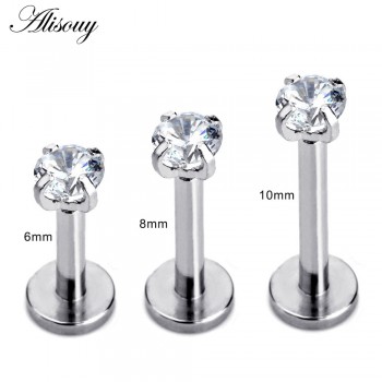 Alisouy 1 Pc Silver Labret Lip Ring Zircon Anodized Internally Threaded Prong Gem 16G Tragus Helix Ear Piercing Earring women