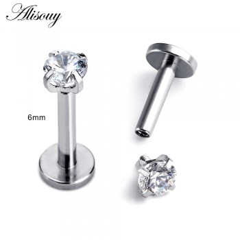 Alisouy 1 Pc Silver Labret Lip Ring Zircon Anodized Internally Threaded Prong Gem 16G Tragus Helix Ear Piercing Earring women