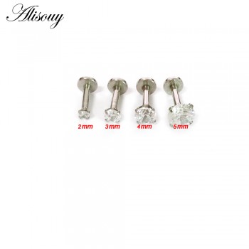 Alisouy 1 Pc Silver Labret Lip Ring Zircon Anodized Internally Threaded Prong Gem 16G Tragus Helix Ear Piercing Earring women