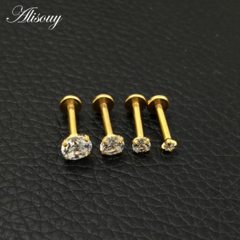 Alisouy 1 Pc Silver Labret Lip Ring Zircon Anodized Internally Threaded Prong Gem 16G Tragus Helix Ear Piercing Earring women