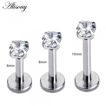 Alisouy 1 Pc Silver Labret Lip Ring Zircon Anodized Internally Threaded Prong Gem 16G Tragus Helix Ear Piercing Earring women