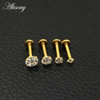 Alisouy 1 Pc Silver Labret Lip Ring Zircon Anodized Internally Threaded Prong Gem 16G Tragus Helix Ear Piercing Earring women
