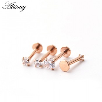Alisouy 1 Pc Silver Labret Lip Ring Zircon Anodized Internally Threaded Prong Gem 16G Tragus Helix Ear Piercing Earring women