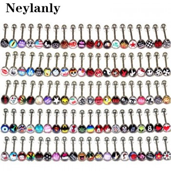 10PCS Mix Logo Tongue Piercing Barbell Bars Steampunk Women Piercing Tongue Rings Stainless Steel Fashion Body Jewelry T0001