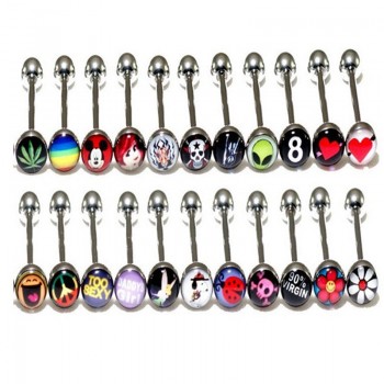 10PCS Mix Logo Tongue Piercing Barbell Bars Steampunk Women Piercing Tongue Rings Stainless Steel Fashion Body Jewelry T0001