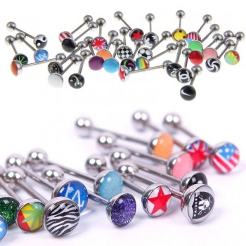 10PCS Mix Logo Tongue Piercing Barbell Bars Steampunk Women Piercing Tongue Rings Stainless Steel Fashion Body Jewelry T0001