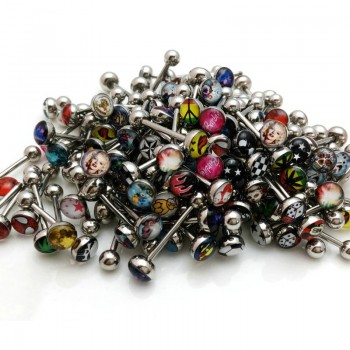 10PCS Mix Logo Tongue Piercing Barbell Bars Steampunk Women Piercing Tongue Rings Stainless Steel Fashion Body Jewelry T0001