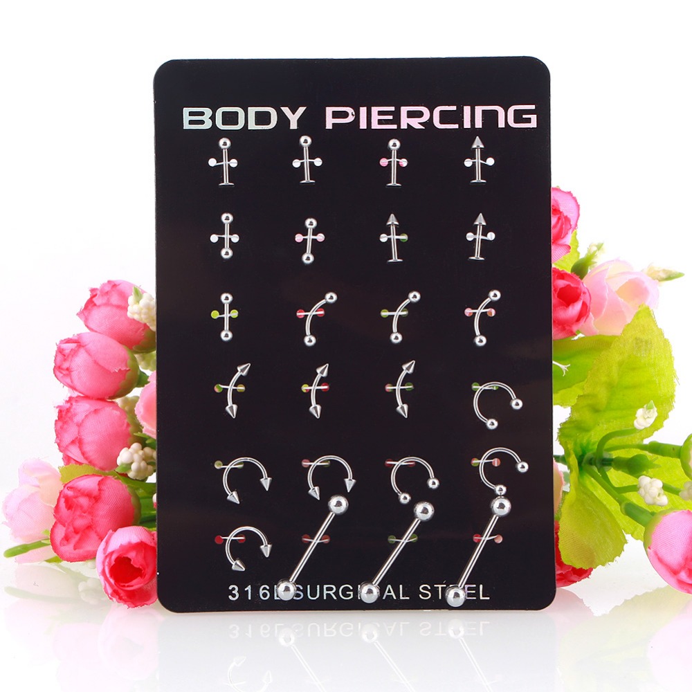 24Pcs/Set Surgical Stainless Bar Cartilage Eyebrow Nipple Nose Tongue Ear Ring Body Piercing Jewelry #233075