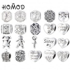 HOMOD New European Silver Color Delicate Angel Wings Heart Charm Beads Fit Pandora Bracelets For Women DIY Jewerly Making Xmas