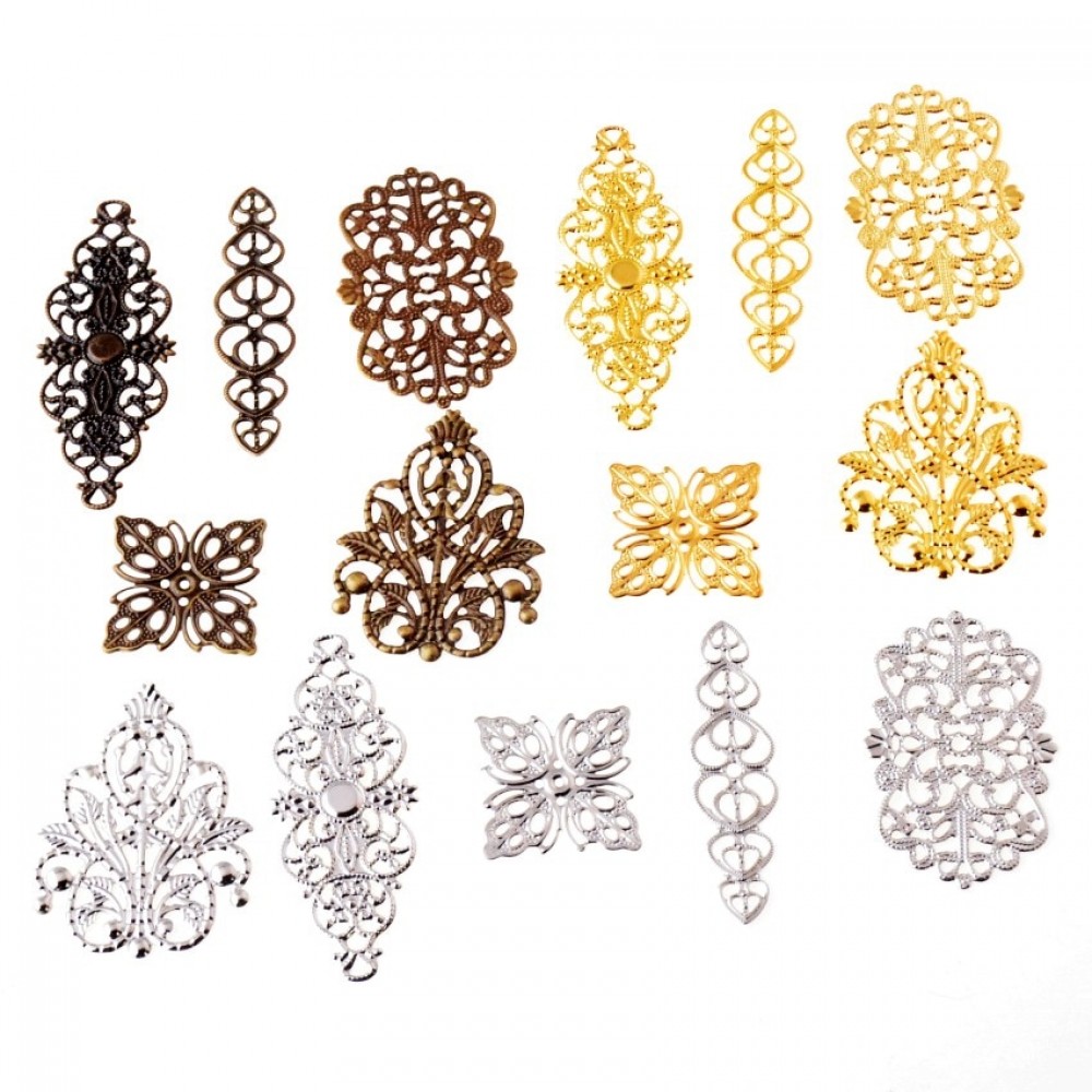 Free shipping 10Pcs Mixed Bronze Tone Filigree Wraps Connectors Metal Crafts Gift Decoration DIY 25x25mm-61x24mm