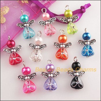 New 10Pcs Mixed Glass Acrylic Dancing Angel Wings Flowers Charms Pendants 14x22mm