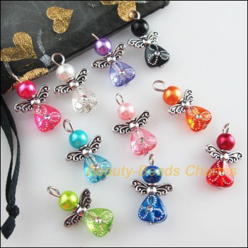 New 10Pcs Mixed Glass Acrylic Dancing Angel Wings Flowers Charms Pendants 14x22mm