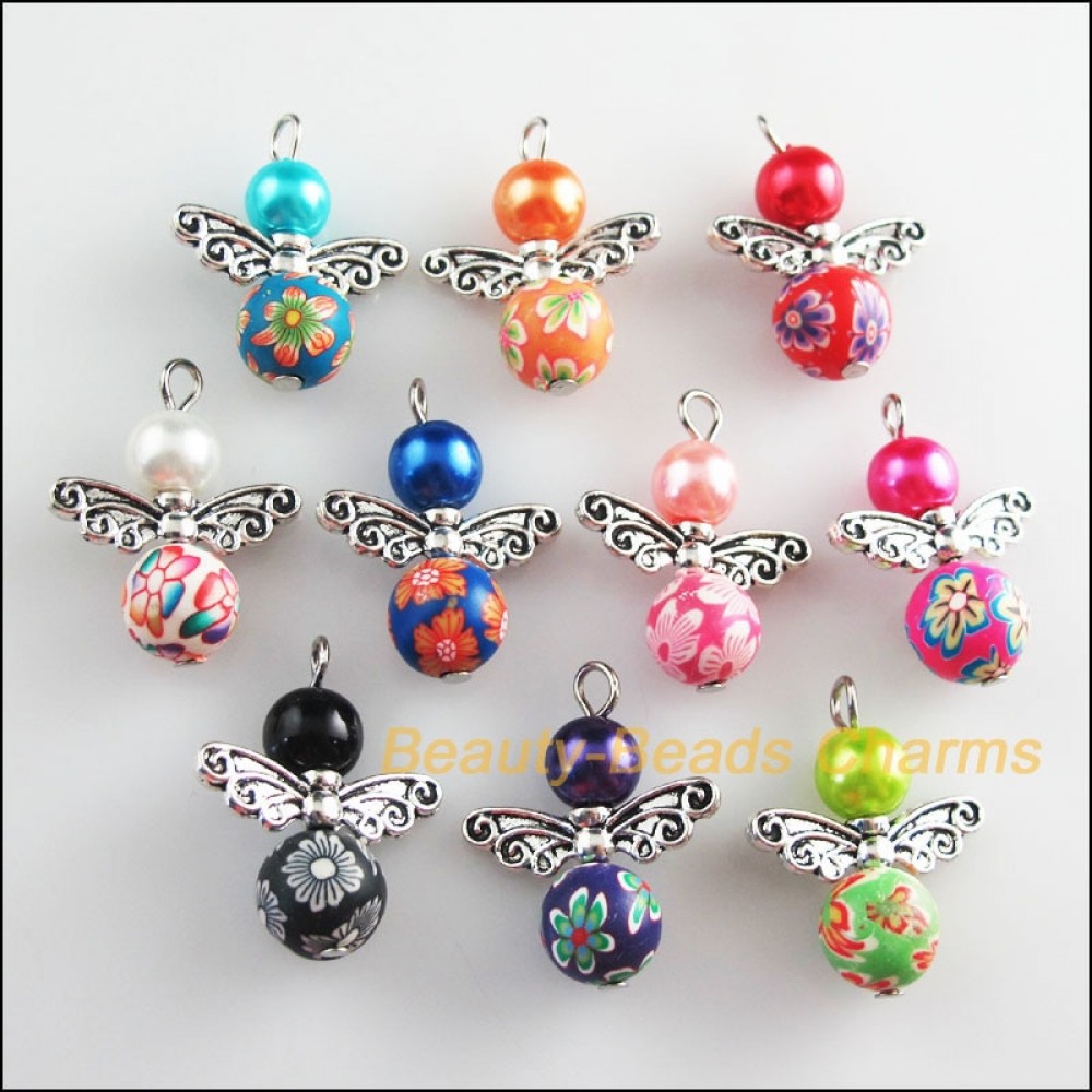 New 10Pcs Mixed Glass Clay Dancing Angel Wings Flowers Charms Pendants 22x27mm