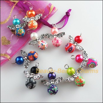New 10Pcs Mixed Glass Clay Dancing Angel Wings Flowers Charms Pendants 22x27mm