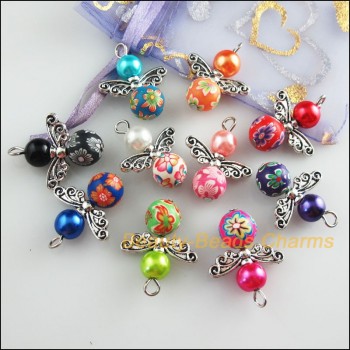 New 10Pcs Mixed Glass Clay Dancing Angel Wings Flowers Charms Pendants 22x27mm