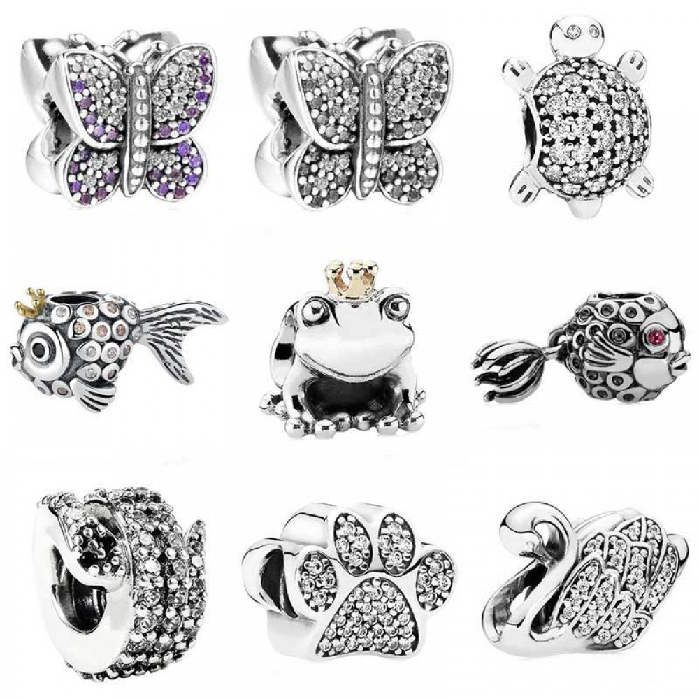 Sparkling Butterfly Angel Fish Sea Turtle Paw Prints  Frog Prince Charm Fit Pandora Bracelet 925 Sterling Silver Charm Jewelry