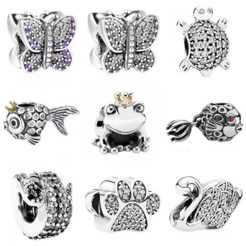 Sparkling Butterfly Angel Fish Sea Turtle Paw Prints  Frog Prince Charm Fit Pandora Bracelet 925 Sterling Silver Charm Jewelry