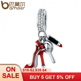BAMOER 100% 925 Sterling Silver Women Shoes, Mirror Makeup Pendant Charm fit Women Bracelet DIY Jewelry Women Gift SCC457