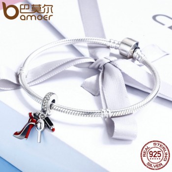 BAMOER 100% 925 Sterling Silver Women Shoes, Mirror Makeup Pendant Charm fit Women Bracelet DIY Jewelry Women Gift SCC457