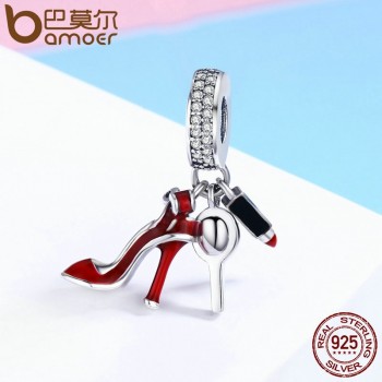 BAMOER 100% 925 Sterling Silver Women Shoes, Mirror Makeup Pendant Charm fit Women Bracelet DIY Jewelry Women Gift SCC457