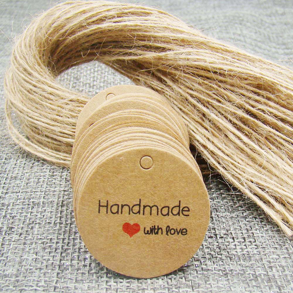 3cm round kraft Hand made with love paper tags with string hemp for DIY cookies/candy/wedding favors custom brand logo tag