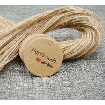 3cm round kraft Hand made with love paper tags with string hemp for DIY cookies/candy/wedding favors custom brand logo tag