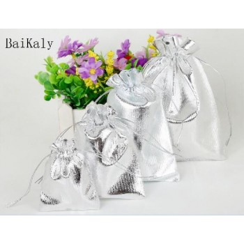 50pcs/lot 5x7 7x9 9x12 10x15cm Golden/Silver Color Drawstring Organza bag Christmas Wedding Gift Jewelry Packaging bags