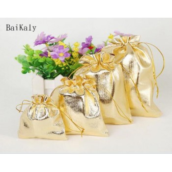 50pcs/lot 5x7 7x9 9x12 10x15cm Golden/Silver Color Drawstring Organza bag Christmas Wedding Gift Jewelry Packaging bags
