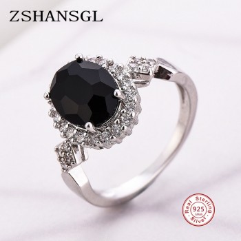 Genuine 925 Sterling Silver Stackable Ring Round Black CZ Crystal Finger Rings for Women Wedding Anniversary Jewelry Anel
