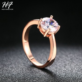 Rose Gold Color Four Claw Solitaire CZ Crystal 0.8CM Forever Wedding Ring Jewelry  For Women Xmas Gift R333 R335